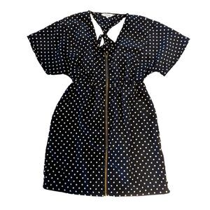 🛍️ BLACK AND WHITE POLKA DOT OPEN BACK FRONT ZIP UP DRESS Vintage Vibes!